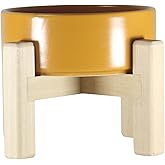 Yılmazel Ahşap Standlı Seramik Mama ve Su Kabı | Ergonomik Tasarım | 2 Farklı Y&uuml;kseklik (Sarı)