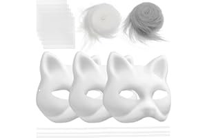 Vaguelly 1 Satz Leere Masken Weiße -Masken Japanische Fuchsmasken Unbemalte Tier-Halbmasken Diy-Maskenmasken Mit Augennetz Für Halloween-Partyzubehör