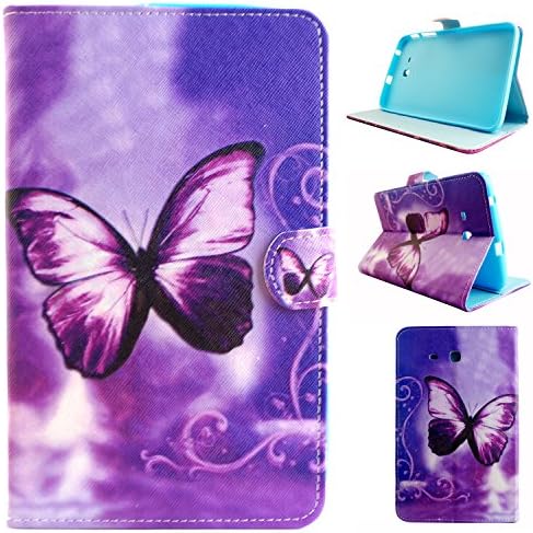 Galaxy Tab 3 Lite 7.0 inch SM-T110/T111/T113 Tablet Flip Case,Asnlove Shell The Ultra Thinnest and Lightest PU Leather and TPU Magnetic Flip Folio Wallet with Card Holders Slots Stand Cover Protective Case For Samsung Galaxy Tab 3 Lite 7.0 inch SM-T110/T111/T113-Purple Butterfly Dream Pattern