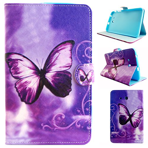 Galaxy Tab 3 Lite 7.0 inch SM-T110/T111/T113 Tablet Flip Case,Asnlove Shell The Ultra Thinnest and Lightest PU Leather and TPU Magnetic Flip Folio Wallet with Card Holders Slots Stand Cover Protective Case For Samsung Galaxy Tab 3 Lite 7.0 inch SM-T110/T111/T113-Purple Butterfly Dream Pattern