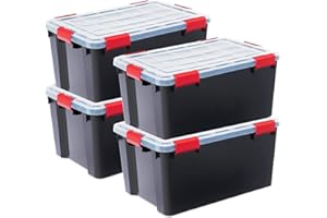 Iris Ohyama, Boite Rangement Hermétique, 50L, Lot de 4, Noir, Couvercle avec Joint Etanche, 6 Clips de Fermeture, Empilable, pour Exterieur, Garage, Vetement, Anti Poussiere, Sans BPA, DDAT-L
