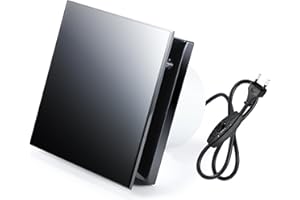 Hose Vary Ventilador de baño con placa de cristal negro, 100 mm, silencioso, 10 W, 95 m³/h, ventilador de ventana, salida de aire con válvula antirretorno, anillo de montaje de ventanas, enchufe