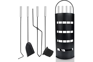 Aufun Kaminbesteck Edelstahl 5-teilig Modern Kamin Zubehör Set Kamingarnitur inkl. Besen, Schaufel, Schürhaken, Zange und Ständer mit Sichtschutz, Schwarz