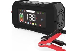 CREBEAU 6A Car Battery Charger, 12V Automatic Smart Charger Monitor Battery with Temperature Compensation, Intelligent Charges, Repairs, Maintains Car Motorcycle Boat Mower Battery, Black