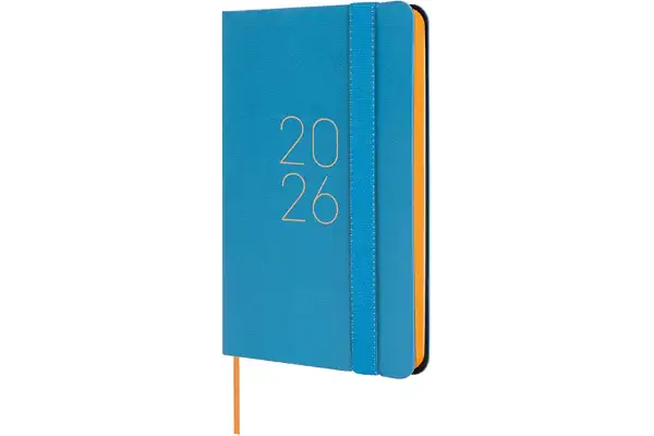 Finocam - Agenda 2026 Semana Vista Horizontal | Enero - Diciembre (12 meses) | Agenda Anual 2026 con goma elástica y cinta punto | Tapa Blanda Flexi Lisa - Azul - Catalán