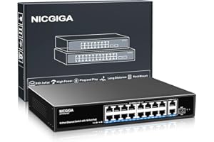 NICGIGA 16 Port PoE+ Switch, 250W, 2 Gigabit Uplink, 1 SFP, Metal Case, Unmanaged, RJ45, SFP, Camera, Desktop, Laptop, Printer Compatible, 19 inch RackMount, Plug and Play