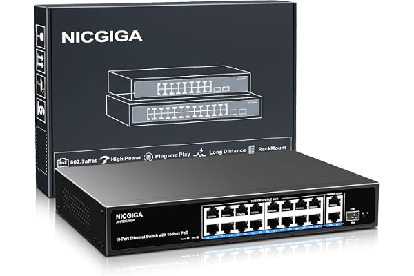 Commutateur PoE 16 port non géré, 16 port PoE+@250W, 2 ports de liaison montante Gigabit, 1 port SFP, commutateur Power Over Ethernet réseau NICGIGA 19 port, mode VLAN, AI Watchdog 19 pouces RackMount