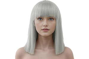 IMISSU Peluca corta de pelo natural para cosplay con flequillo recto, pelucas para fiesta de disfraces de Halloween para mujer (gris)
