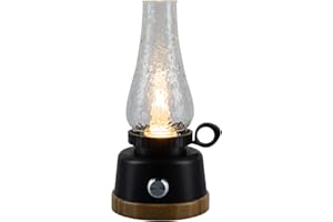 HARPER LIVING Oil lamp style rechargeable LED glass Tabletop lantern, flame effect, Black Finish Base dimmable and colour temperature changing 2200k-6500k, 5000mAh power bank, for tables camping hiking power cuts