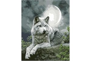 CaptainCrafts DIY Paint by Numbers for Adults Beginners 16x20 inch Oil Painting Wolf under the Moon (Frameless)