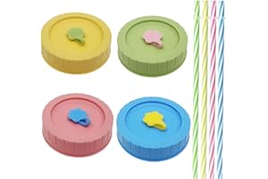 YFELOMATRIC 4 tapas de tarro Mason Jar con agujero, tapas reutilizables de rosca, para tarros Mason, tarros de mermelada, 4 colores, con 4 pajitas
