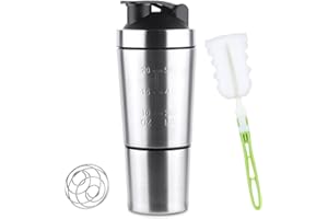 FENGQ Coctelera de Proteína de Acero Inoxidable, 600ML Botella Mezcladora Deportiva, con Stir Ball, para gimnasio, entrenamiento, fitness, entrenamiento deportivo, Plata