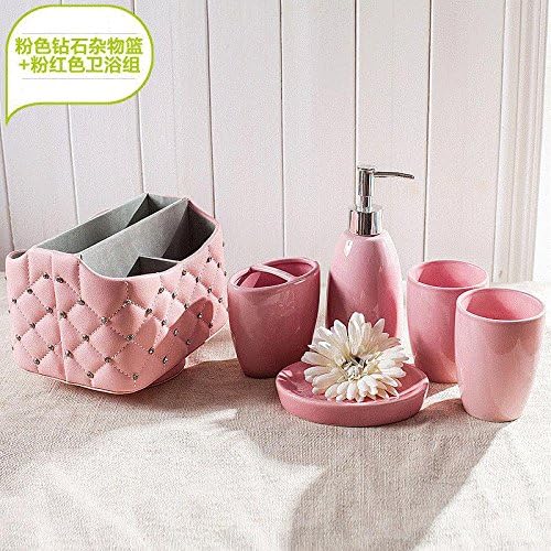 Modern Design 5Piece Ceramic Bathroom Accessory Set , Soap Dish, Tooth Brush Holder, Soap Dispenser,G Pink + Pink Sundries Blue