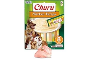 INABA Churu Perros - Receta Saludable de Pollo - Golosinas para Dar de Comer con la Mano - Delicioso Snack para Adiestramiento - Sin colorantes ni Conservantes - 160g (8 x 20g)