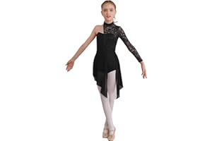 inlzdz Girls Single Long Sleeve Lace Patchwork Lyrical Dance Dress Ballroom Modern Contemporary Dance Costume
