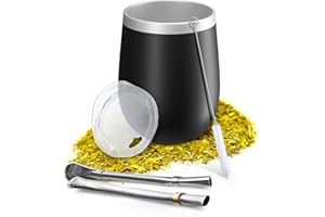 Aquafloow Taza de Doble Pared Yerba Mate 350 ml + 2 Pajitas de Acero Maté Bombilla, Set de Argentino Maté Yerba | Tapa Libre de BPA, Juego de Té de Acero Inoxidable para Yerba – Negro