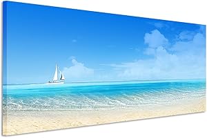 PAUL SINUS ART Impression sur toile - Vue panoramique - Plage, mer et voilier - Toile sur châssis : 150 x 50 cm