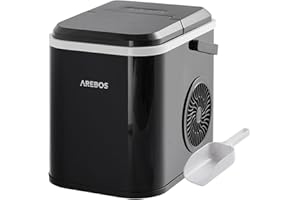 Arebos Eiswürfelmaschine 12 kg/24h | Ice Cube Maker R600a | 8 Eiswürfel in 10 Min | 1,1L Tank | Selbstreinigend & Leise | inkl. Schaufel & Behälter | Eiswürfelbereiter mit Sichtfenster | Schwarz