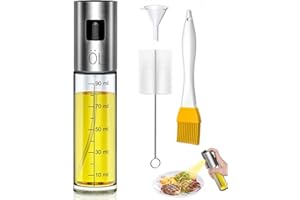 Leaflai Ölsprüher Öl Sprühflasche 100ml Oil Sprayer mit Backpinsel, Flaschenbürste und Öltrichter, Ölsprüher für Speiseöl für Salate, Kochen, Backen, Pasta, BBQ, aus Edelstahl