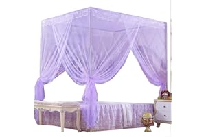 Nattey 4 Corners Princess Bed Curtain Canopy Canopies for Girls Boys Adults Bed Gift (Queen, Purple)