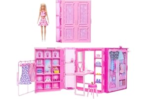 Barbie Szafa Marzeń Zestaw do zabawy z lalką blondynką, szafą (ponad 90 cm szerokości), ubranka dla lalki i akcesoria; 25 elementów, 3 pełne stylizacje Zestaw garderoba, HXD58