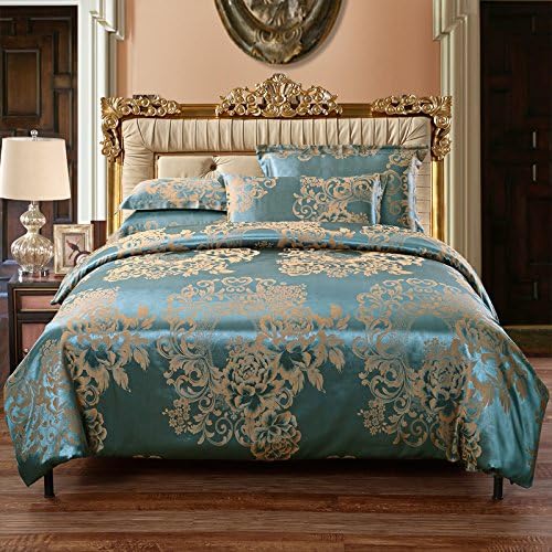 European style jacquard satin fabric bedding set of four 2m,Blue Peacock