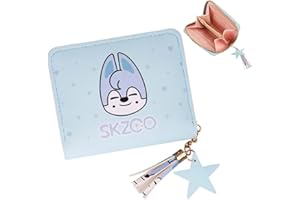 SOSAYI Portefeuille Loup Bang Chan Stray Fille Bleu Cuir PU Fermeture éclair Pendentif Étoile Enfants 3 Compartiments 1 Autocollant SKZ 2 Photocard