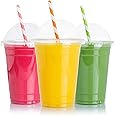 CHEF ROYALE 50 x 16oz Plastic Smoothie Cups with Dome Lids - Recyclable Cup with Lids for Smoothies and Milkshakes - Recyclable & Disposable Cups (16oz (Pack 50))