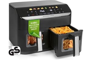 ‎GOURMETMAXX GOURMETmaxx AirGenius Heißluftfritteuse, 9 L - 2 x 4,5 L Airfryer | Fritteuse mit 8 Programmen | Heißluftfritteuse 2 Kammern - 2 Speisen gleichzeitig, für max. 8 Personen | Multi-Color Touchscreen
