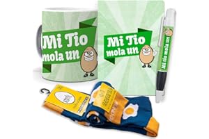 MUNDOHUEVO Super Regalo Personalizado para Tios. Mi tio Mola un Huevo. Taza, libreta, boli y Trio de Calcetines