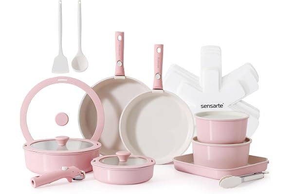 SENSARTE Nonstick Kastrullset med Avtagbart Handtag, Stekpanna Set med Lock, Köksredskapsset för Induktion, Lämplig för Alla Spisar (rosa, 24 pezzi)