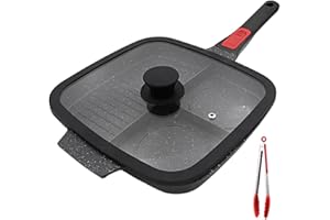 Bobikuke Bistecchiera Antiaderente con Manico Rimovibile e Coperchio, Padella Grill Quadrata 3 Sezioni, Induzione Compatibile 28 x 24 cm - Nero