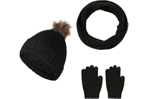 Jarseila Femme Tricotés Bonnet Écharpe et Gants Hiver Chaud Ensemble Bonnet à Pompon Loop Écharpe Gants Écran avec Doublure Polaire
