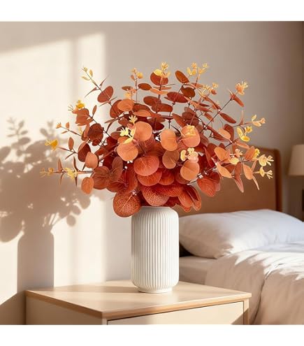 NatureMan 3 foglie di eucalipto artificiali, rami, bouquet autunnale per matrimoni, centrotavola per festa del Ringraziamento, Halloween, decorazione per tavolo da pranzo, centrotavola (arancione