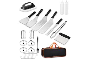 Bixury Set di Spatole per Barbecue,28 Pezzi Kit BBQ di Utensili Teppanyak Griddle Tool Set in Acciaio Inox con Spazzola e Borsa per il Trasporto per Campeggio Feste Barbecue All'aperto Teppanyaki