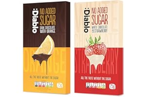 :DIABLO Diablo No Added Sugar Chocolate Bar – 2 Flavour Selection of Dark Chocolate with Orange & White with Strawberry, Sweetened with Stevia, Gluten Free, For Gifts, Birthdays & Hampers, 75g (Pack of 2)