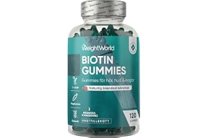 WeightWorld Biotin Gummies – 120 gummies med vitamin C för 60 dagars | 5 000 µg vitamin B7 samt vitamin E, A, B5, B6, B9 (folsyra), B12, selen & jod –2 gummies dagligen glutenfri naturlig bärsmak