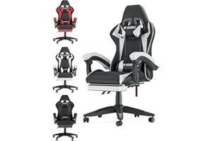 bigzzia Ergonomic Gaming Chair - Gamer Chairs with Lumbar Cushion + Headrest, Height-Adjustable Office & Computer Chair for Adults, Girls, Boys (With footrest, White)