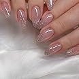 Gloss & Go 24 Reusable Artificial Fake Nail Set| Light Peach Color With Glitter Design Glossy Nails| Lightweight & Long Lasting| Quick Fix For Festivals & Special Occasions