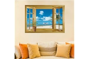 PINICECORE Oulensy Ventana 3D Paisaje Hermoso mar de la Playa de parachoque Ver Pared Falsa Ventana Impresiones Cartel Decorativo Decoración de Vinilo Etiqueta del Arte Mural
