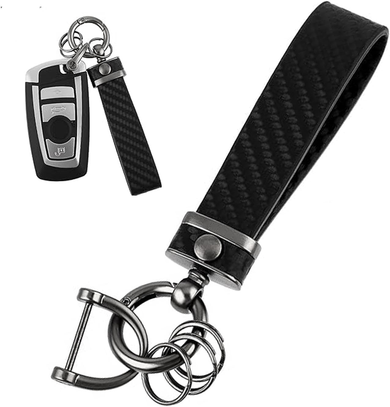 Carbon Fiber Style Car Keychain, Leather Keyring 360° Rotatable Car Key Fob Strap, Detachable Keys Chain Holder with Anti-lost D-Ring, Leather Keys Chain Holder for Men and Women Accessories