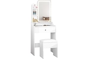 Panana Dressing Table with LED Lights, Vanity Desk with 3-Color Mirror and 1 Big Drawers, Makeup Desk with Cushioned Storage Stool for Bedroom Dressing Room (White)