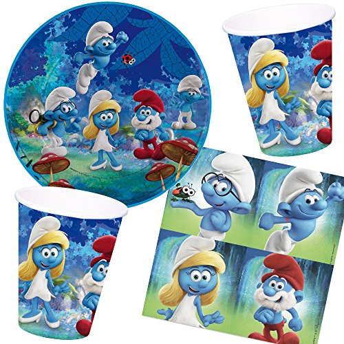37-teiliges Partyset * DIE SCHLÜMPFE * mit Teller + Becher + Servietten + Deko // Kindergeburtstag Kinder Geburtstag Party Set Motto Schlumpf Smurfs Kino