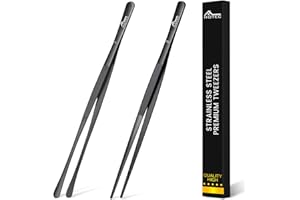 Hotec Pinzette da cucina professionali in acciaio inox per cucinare, grigliare e cuocere, pinzette extra lunghe, set da 2 – 30,5 cm, nero, NZ-B02