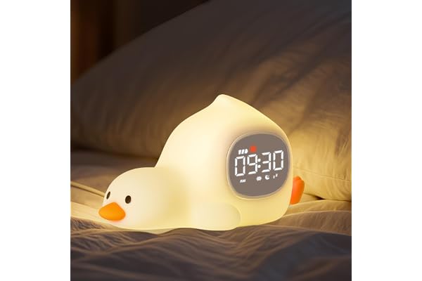 Yiliaw Horloge Réveil Canard Allongé avec Veilleuse pour Enfants, Lampe Rechargeable en Silicone, Lampe Animaux Mignonne de Bureau, Compagnon Idéal pour Le Sommeil des Garçons et des Filles