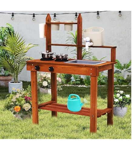 GOPLUS Cuisine Exterieur Enfant en Bois de Sapin, Jouet de Cuisine de Boue avec Tableau Noir, Panneau Acrylique, 4 Pots de Plantation, Robinet, Évier Amovible, pour 3+ Ans