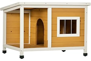 PawHut Hundehütte, Tannenholz, Hundehaus mit Terrasse und aufklappbarem Asphaltdach, Hütte für kleine Hunde, Indoor, Outdoor, wetterfest, Orange, 85,5 x 62 x 60 cm
