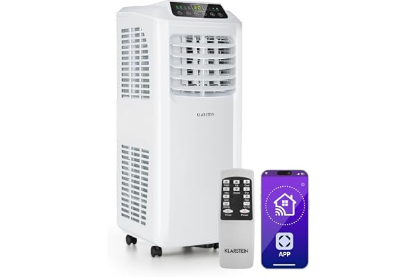 Klarstein Climatiseur Mobile Silencieux, Smart Climatiseur 3 en 1, Mode Nuit, Déshumidificateur, Ventilateur, Mini Climatisation à Faible Conso, Evacuation, Clim Portable, 7000 BTU, Climatiseurs