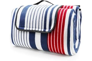 ‎LIVEHITOP LIVEHITOP Picknickdecke Wasserdicht Große Verdickt - 200x200 cm Stranddecke Kompakt Vlies für Camping Draussen Sommer, Rot Blau Streifen
