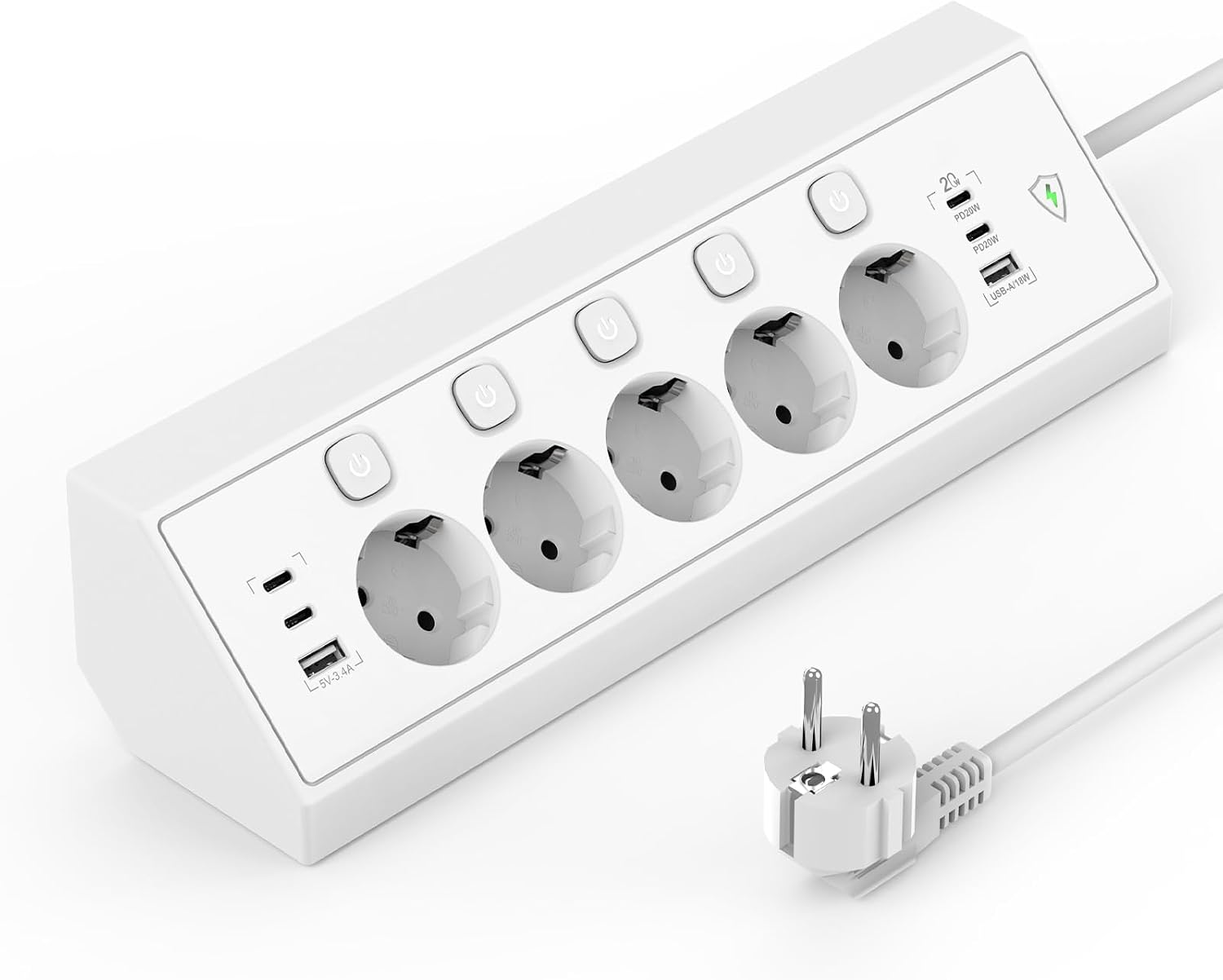 Regleta Enchufes de Esquina con USB C 20W, 5 Tomas Enchufe Multiple con 4 USB C y 2 USB A, Regleta Proteccion Sobretension con Interruptor, Enchufe de Mesa 1,8 m Cable para Cocina y Oficina, Blanco